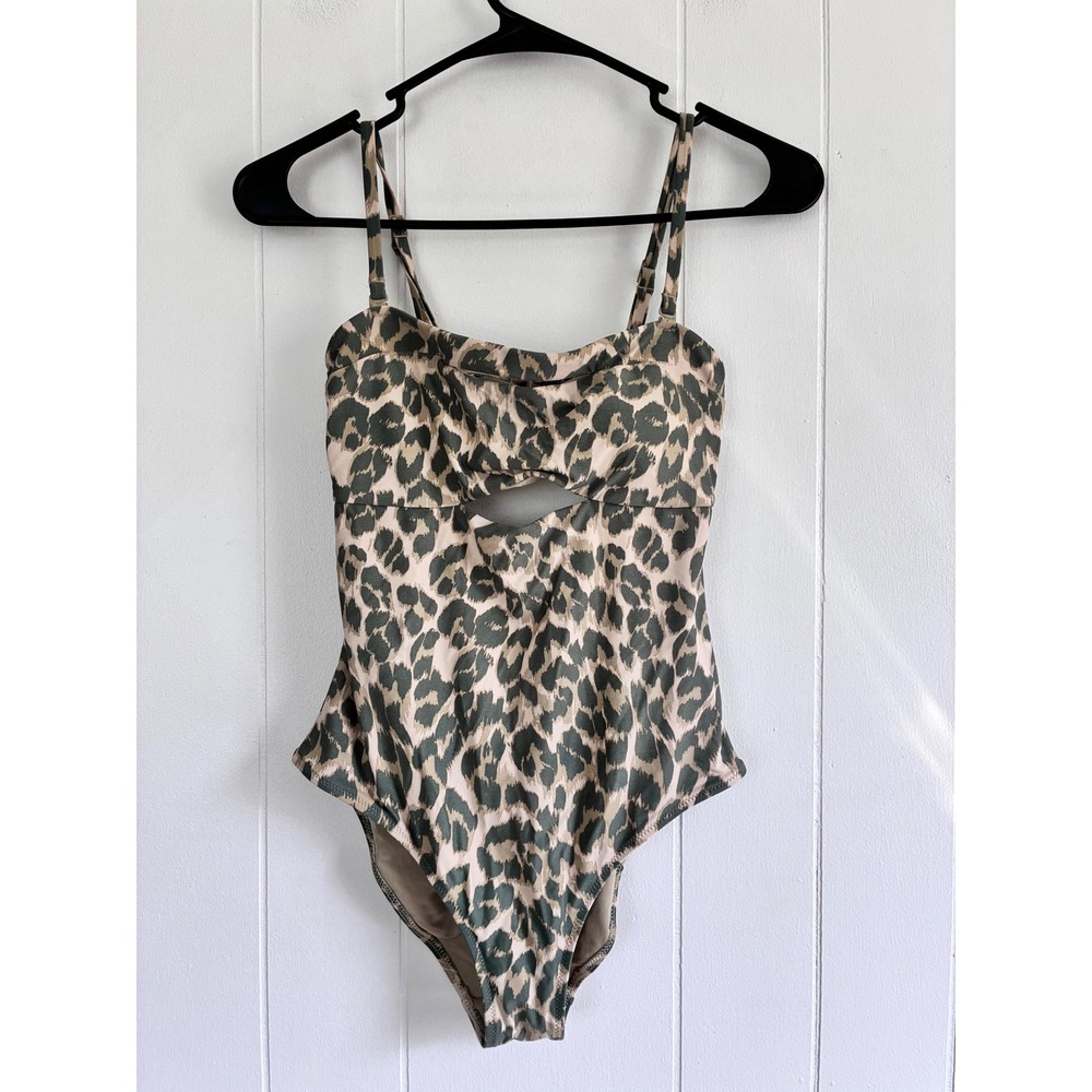 Aerie‎ Women XS Leopard Print Cutout One Piece Swimsuit Olive Green Open Back